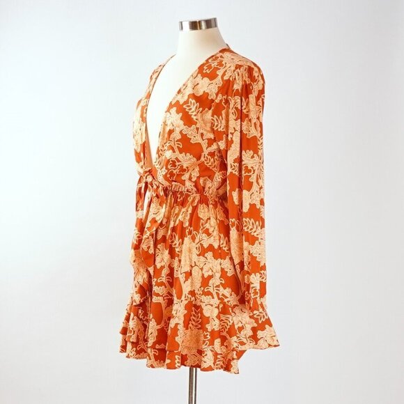 Shore Brand Orange Floral Mini Dress Long Sleeves Ruffle Hem - Size Small - NWT - Picture 2 of 7